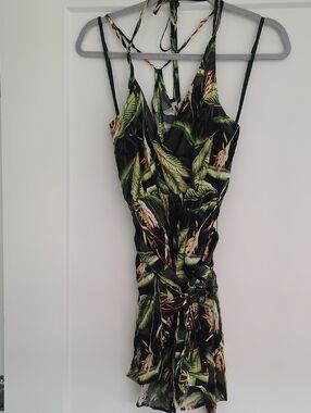 BCBGMaxAzria Black Tropical Leaf Print Romper with Green & Yellow Accents